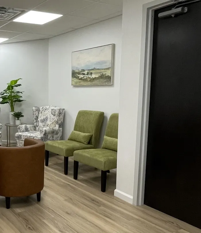 Armchairs in the waiting room at the Seaview Boulevard office.